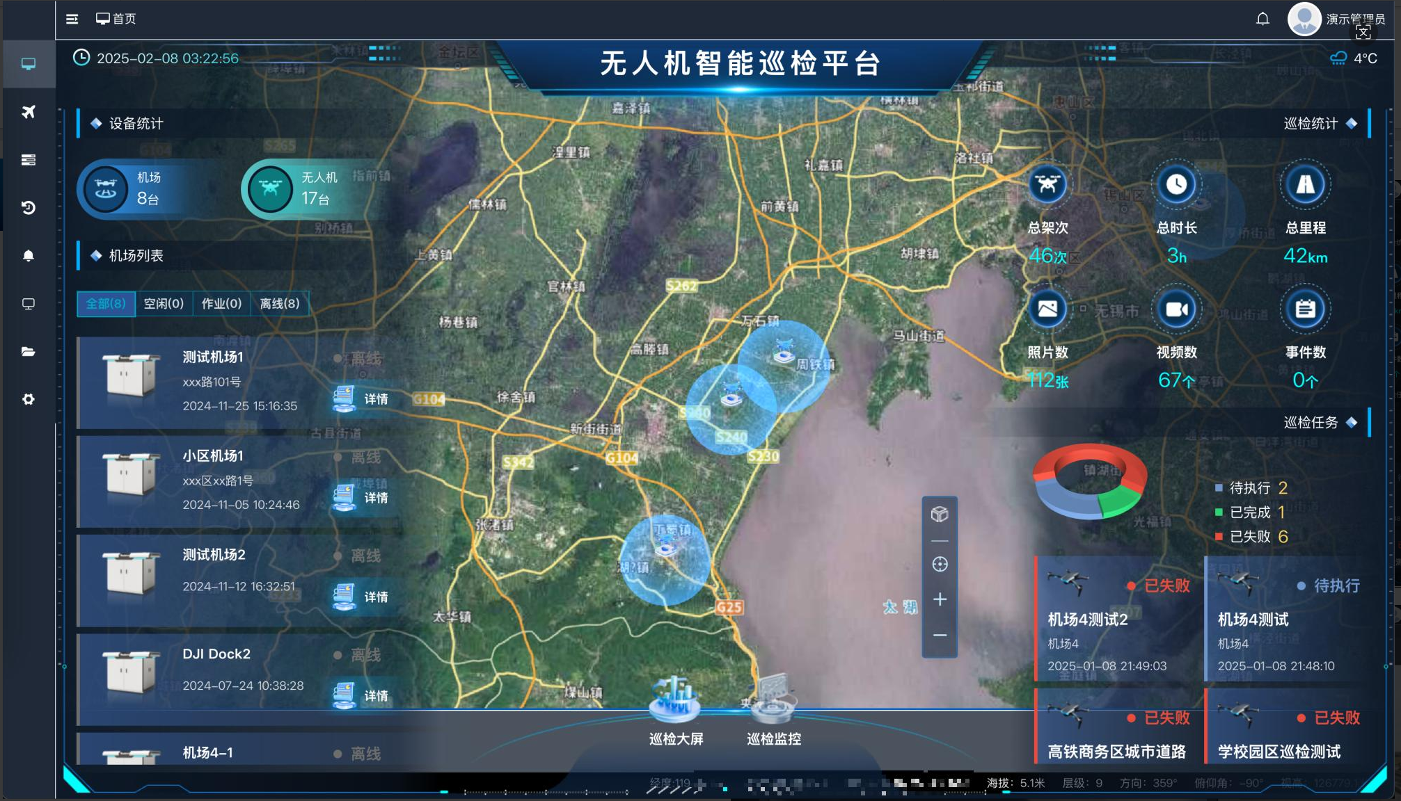 无人机智能巡检平台大屏：地图态势与设备、任务统计面板示例